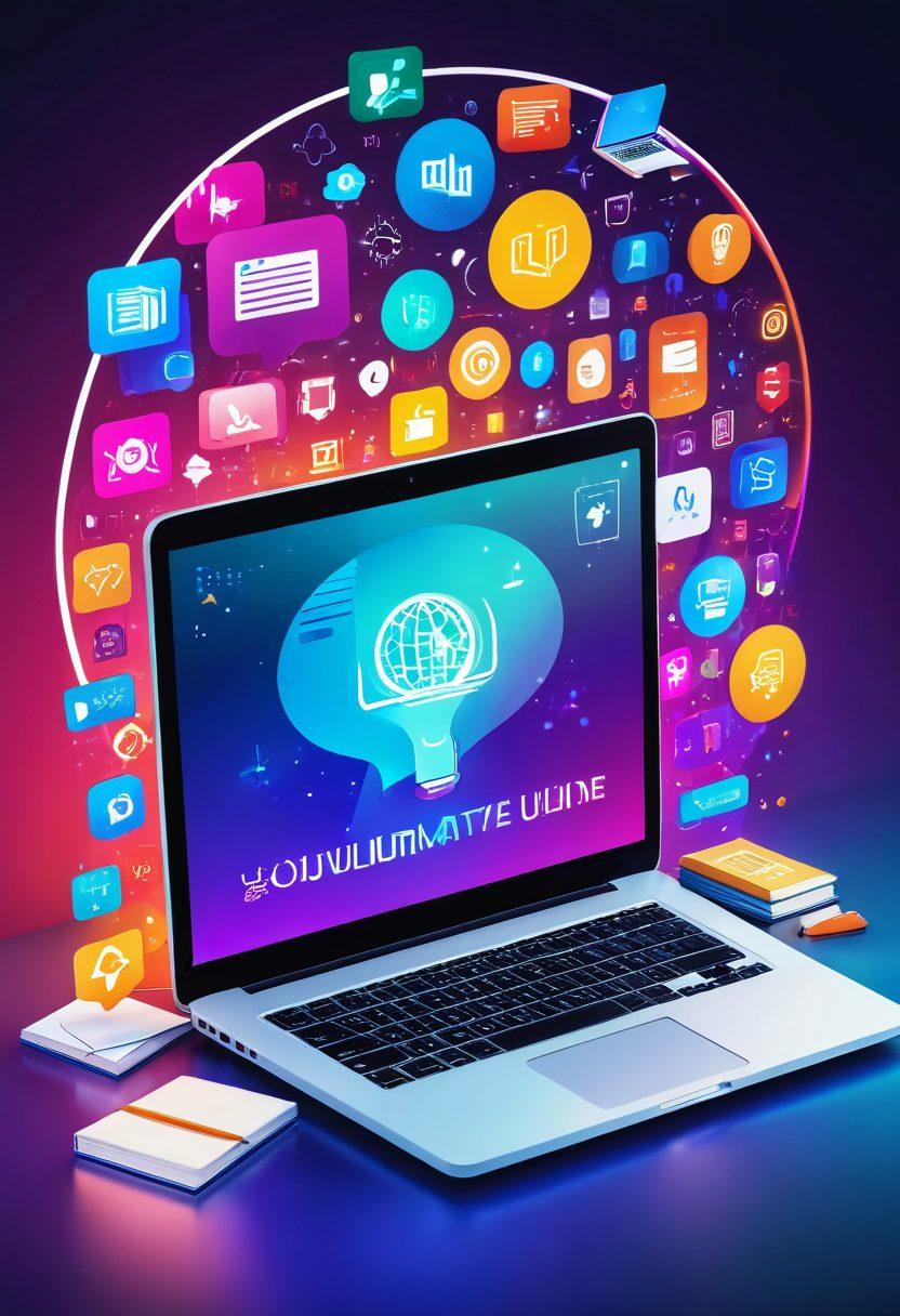 A modern digital workspace with a glowing laptop surrounded by colorful icons representing various online resources and tools, like books, websites, and apps, all radiating light. The background is a blend of vibrant hues suggesting a dynamic online experience, featuring an open book and a globe to signify global connectivity. overlaying text reading 'Your Ultimate Guide' in a sleek font. super-realistic. vibrant colors. 3D.