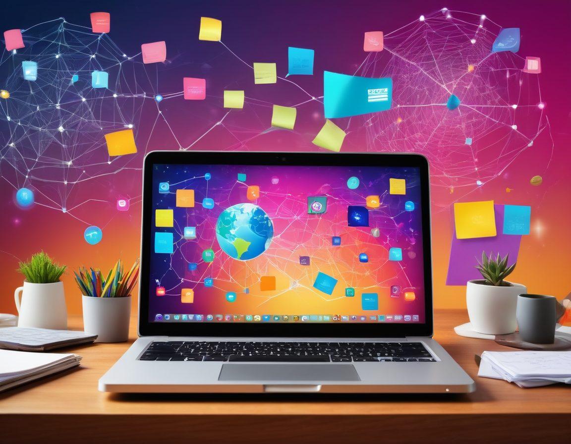 A vibrant digital collage showcasing a modern workspace with a laptop displaying various web resource icons like databases, educational platforms, and community forums. Surrounding elements include colorful sticky notes, a globe, and books symbolizing discovery. The background features a network of interconnected nodes representing the web, all intertwined with a bright, welcoming ambiance. super-realistic. vibrant colors. minimalistic background.