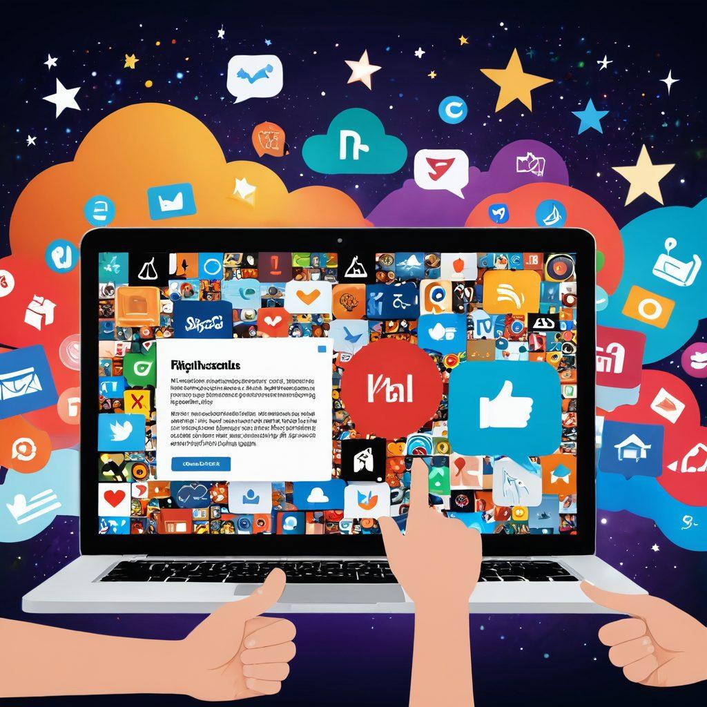 A captivating laptop screen displaying a collage of top-rated websites and resources, surrounded by thumbs up icons and glowing stars. In the foreground, a diverse group of people excitedly pointing to the screen, showcasing a sense of discovery and engagement. The background features an abstract digital landscape symbolizing the vastness of online resources. vibrant colors. modern illustration.
